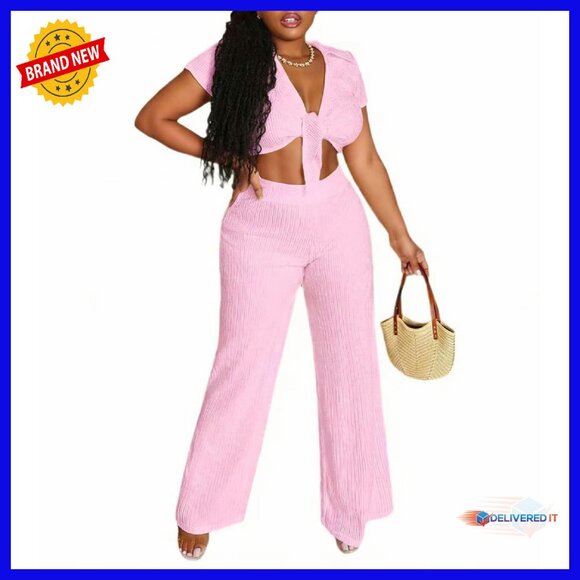 Polyester Pleated Crop Top Wide Leg Pant Set Women's 2 Piece Outfit